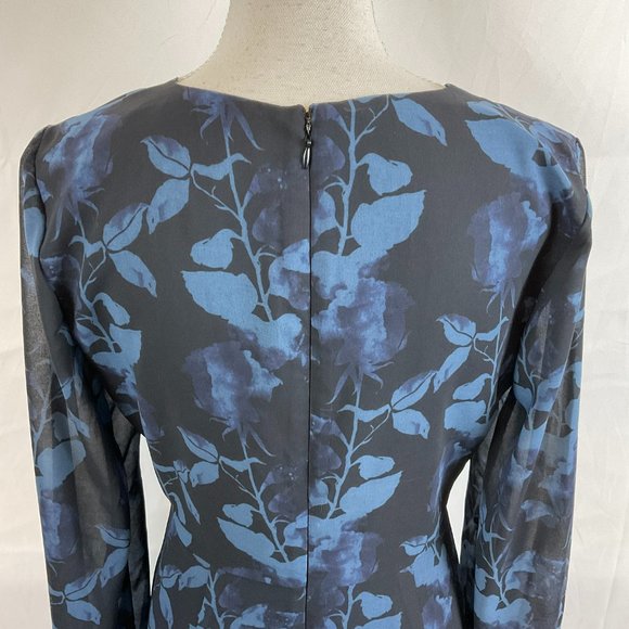 Hutch Dress 6 Blue Black Leaf Print Long Semi-Sheer Sleeve Drape Detail - Picture 10 of 13